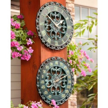 14" Medallion Outdoor Clock & Thermometer Wall Hanging Outside Patio Porch Wall Decor