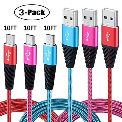 Micro USB Cable 10FT 3-Pack,Bynccea Android Charger Cable Nylon Braided Cell Phone Charger Android Fast Charging Cord Compatible with Samsung Galaxy S6 S7 Edge J7,LG,HTC,Motorola,Sony,Xbox,PS4
