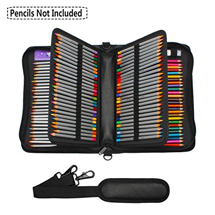 NIUTOP 160 Slots Pencil Case PU Leather Large Capacity Zipper Pen Bag with Adjustable Strap for Colored Pencil Watercolor Pencils Marco Pens and Cosmetic Brush (Black)