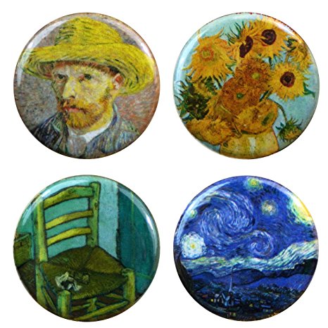 Buttonsmith Vincent Van Gogh Impressionist Art 1.25" Refrigerator Magnet Set Featuring Starry Night and Sunflowers - Made in the USA