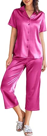 Ekouaer Womens Satin Pajamas Silk Capri Pjs 2 Piece Lounge Sets Short Sleeve Button Down Sleepwear