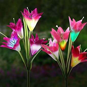 Solar Garden Lights, Cuteadoy Outdoor Solar Garden Stake Lights 2 Pack Lily Solar Lights Outdoor Decorative Multi-Color Changing LED Flower Lights for Garden/Yard/Patio (Lily-2pcs)