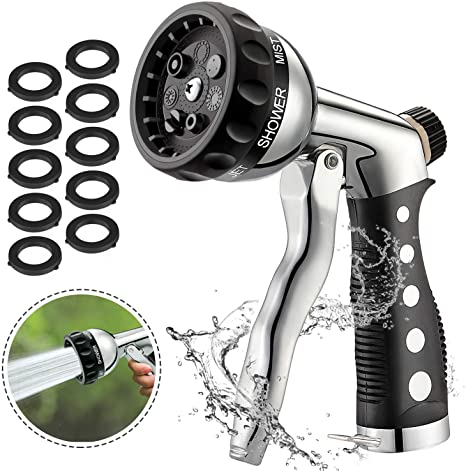 Garden Hose Nozzle High Pressure Heavy Duty Metal Hose Spray Nozzle 7 Adjustable Spray Patterns Hand Type Hose Sprayer Water Spray Nozzle for Cleaning, Watering Garden,Washing Cars