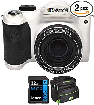 Polaroid IS2634 16MP Digital Still Camera with 3.0" Touchscreen Display, White Bundle with Deco Photo Camera Bag for DSLR Cameras (Small)   Lexar Professional 633x 32GB SDHC UHS-1 Class 10 Memory Card