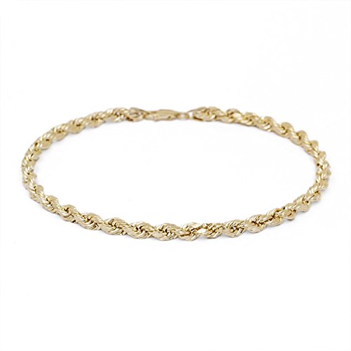 Solid Diamond Cut Rope Chain Bracelet and Anklet - 10k Fine Gold - 2.5mm (0.1")