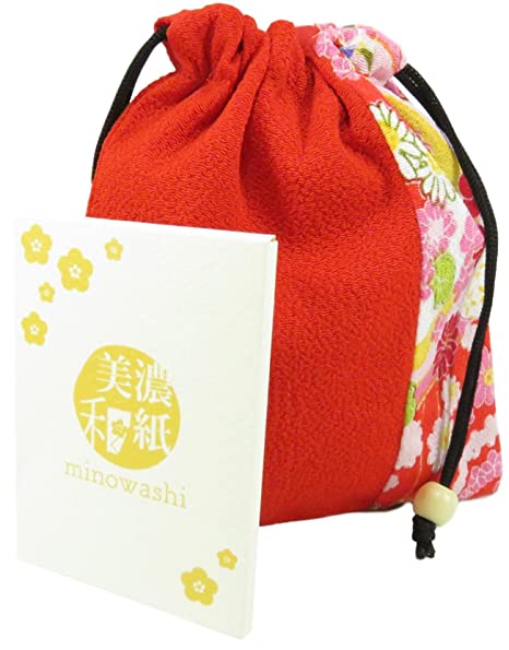 Cute Japanese Drawstring Purse Pouch Bag 6.25 x 5.5 Red with Minowashi Blotting Absorbing Oil Paper 100 Sheets (Bundle of 2)