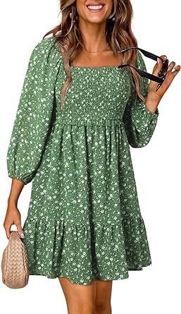 Dokotoo Womens Spring Summer Dresses Boho Floral Square Neck Smocked 3/4 Sleeve Casual A-Line Swing Mini Babydoll Dress