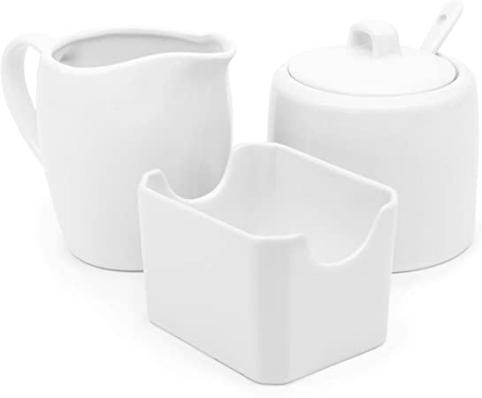 Kook Sugar and Creamer Set, 3 Piece, Pitcher, Sugar Bowl with Lid and Spoon, Sweetener Holder, White