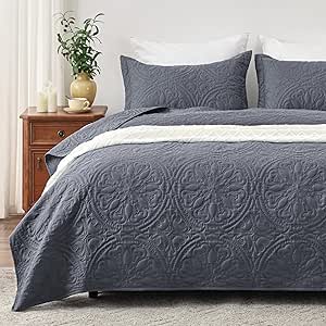 EXQ Home Quilt Set Full Queen Size Bluish Grey 3 Piece,Lightweight Soft Coverlet Mandala Flower Pattern Bedspread Set for All Season(1 Quilt,2 Pillow Shams)