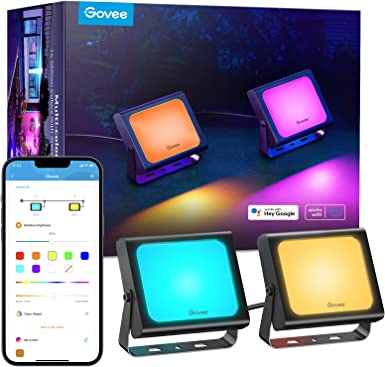 Govee Flood Lights Outdoor 2 Pack, 2700-6500K Dimmable RGBIC Warm White and Daylight, Smart WiFi APP Control, Work with Alexa, IP66 for Garden Lawn