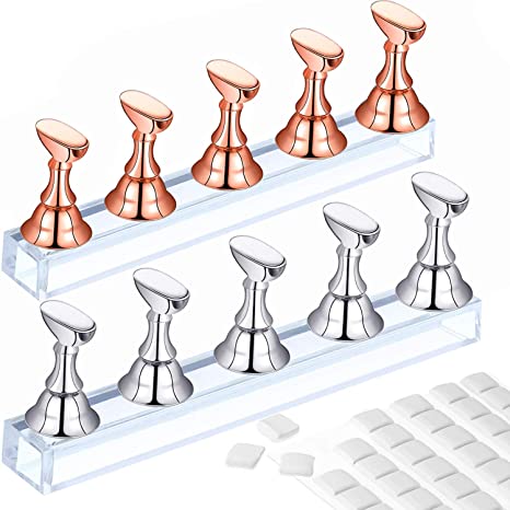 2 Set Acrylic Nail Practice Stand Magnetic Nail Tip Art Display Stand Holder Manicure Tool with Reusable Adhesive Putty Clay for Home Salon Makeup (RoseGold and Silver)