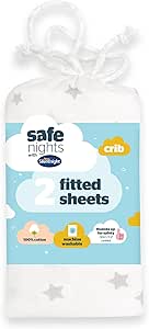 Silentnight Safe Nights Crib Size Fitted Sheets Set 100% Jersey Cotton Bedside Compatible Pack of Two Grey Star Easy Care Super Soft Cuddly for Baby with Storage Bag (40cm x 90cm x 11cm)