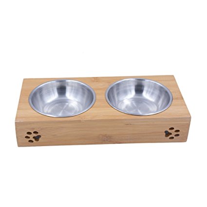 Behomy Elevated Dog and Cat Bamboo Pet Feeder, Raised Bowl Stand with 2 Stainless Steel Bowls