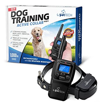 PetTech Remote Controlled Dog Training Collar, Rechargeable and All-Weather Resistant, All Size Dogs (10Lbs - 100Lbs), 1000ft Range