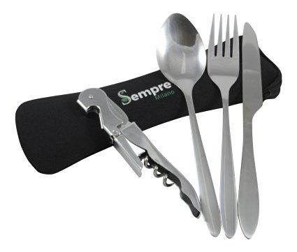 Camping Travel Utensil and Cutlery Set with Case To Go. 3 Piece Stainless Steel Knife Fork Spoon and BONUS Bottle Opener in Lightweight Neoprene Case. Perfect for Office, School or Travel.