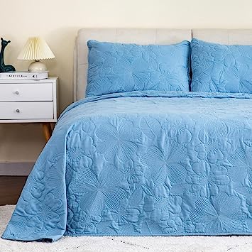 3 Piece Reversible Summer Quilt Set Stitched Bedspread King Size, Lightweight Bedding Comforter Coverlet Set filled with Cotton, Soft Microfiber Coverlets with Embroidered Floral Pattern - Blue