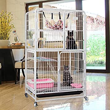 Large 4-Tier Cat Kitten Cage Playpen Box Kennel Crate Home, House of Pet Cat Kitten on Wheels for Indoor Outdoor with Soft Pads, 4 Big Doors Entrances, 31" L x 22" W x 54" H, White & Black