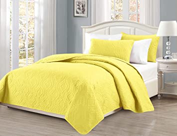 Mk Collection King/California King Over Size 118"x106" 3pc Diamond Bedspread Bed-Cover Embossed Solid Yellow New