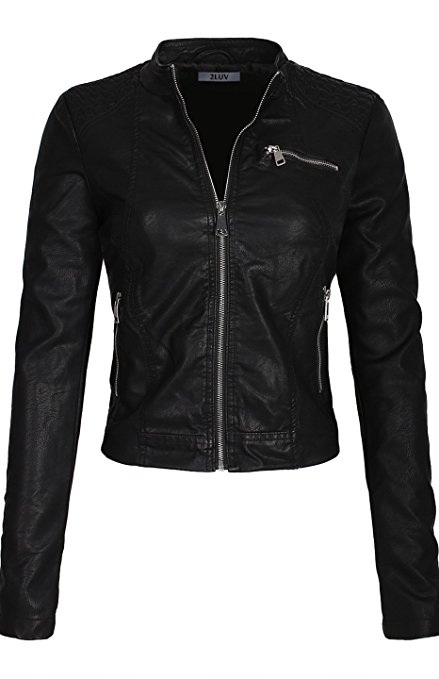 2LUV Women's Slim Tailoring Faux Leather Zipper Moto Biker PU Bomber Jacket