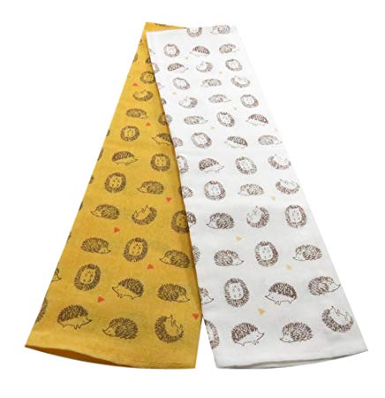 Tenugui Hedgehog Cotton Hand Dish Towel 34 x 13.75 White Gold (Set of 2)