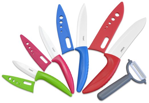 Surpahs 5 Pcs Ceramic Knife Set w/ Sheath Sleeve & Peeler, Assorted Color