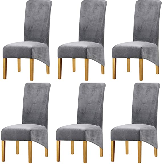 LANSHENG Stretchy Chair Covers for Dining Room Chairs,Stretch Spandex with Elastic Band Chaircover,Velvet Large Dining Chair Slipcovers for Restaurant Hotel Party Banquet (Light Gray,Set of 6(XL))