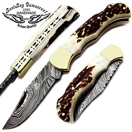 Beautiful Stag Horn 6.5'' Handmade Damascus Steel Folding Pocket Knife With Back Lock 100% Prime Quality