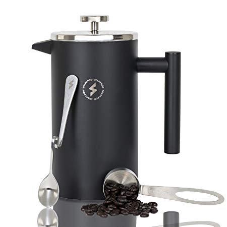 SparkPod French Press Coffee & Tea Maker Complete Bundle (34 Oz - 1 Liter) 4 Items - Double Wall Stainless Steel French Press, Serving Scoop, Dessert Spoon & 4 Ultra-Fine Filter Screens