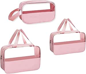 Travel Toiletry Bags, 3 Different Size Travel Makeup Bag Waterproof Transparent Cosmetic Bag Travel Organizer Zippered Carry on Pouch for Vacation, Bathroom, Airplane (Pink)