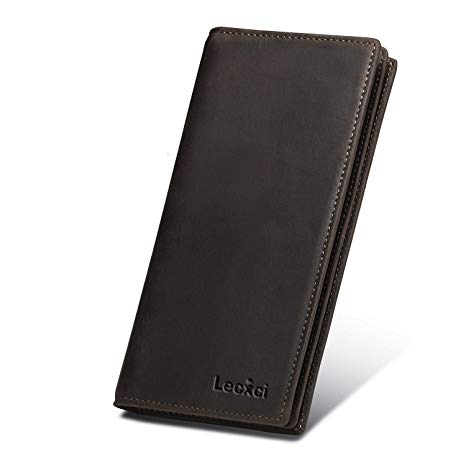Lecxci Mens RFID Blocking Soft Vintage Genuine Leather Long Bifold Wallet - with Zip Coin Pocket ID Window (Brown)