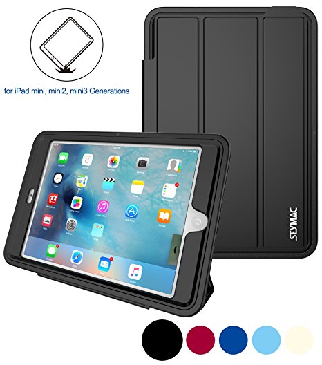 iPad Mini 1 2 3 Case,Three Layer Heavy Duty Shock Proof Protective Case For Kids,Smart Cover Auto Sleep Wake & PU leather Folio Stand Function for iPad Mini 1st, 2nd, 3rd Generation (Black)