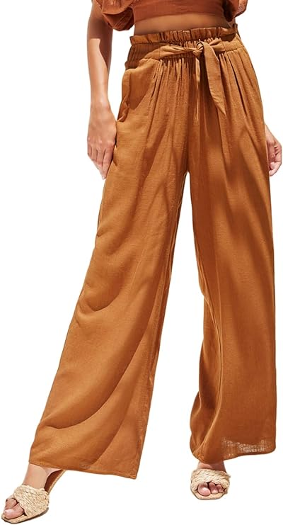 Dokotoo Casual Wide Leg Pants for Women Elastic High Waist Tie Solid Lounge Pants with Pockets