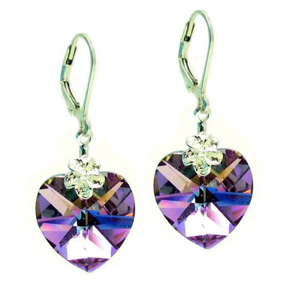 Swarovski Elements Purple Heart Crystal Sterling Silver Leverback Dangle Earrings
