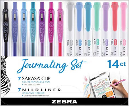 Zebra Pen Journaling Set, Includes 7 Mildliner Highlighters and 7 Sarasa Clip Retractable Gel Ink Pens, Assorted Colors, 14 Pack