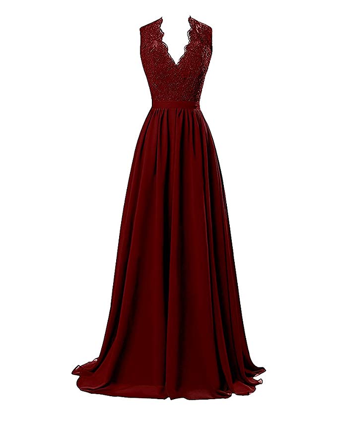 Lafee Bridal V-Neck Lace Prom Formal Dresses Long Chiffon Evening Party Gowns