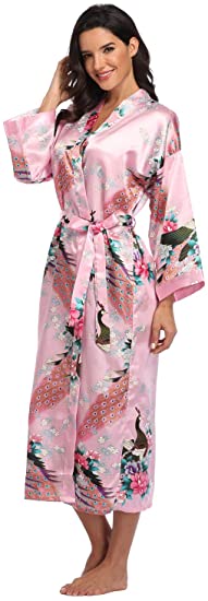 Women's Floral Long Silk Kimono Robes Satin Dressing Gown Peacock Blossoms