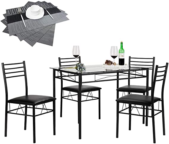 VECELO Dining Table Set with 4 Chairs [4 Placemats Included], Black