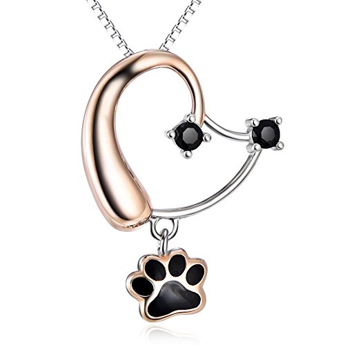 (Animal Jewelry) S925 Sterling Silver Rose Gold Cute Puppy Dog Head Paw Womens Heart Pendant Necklace