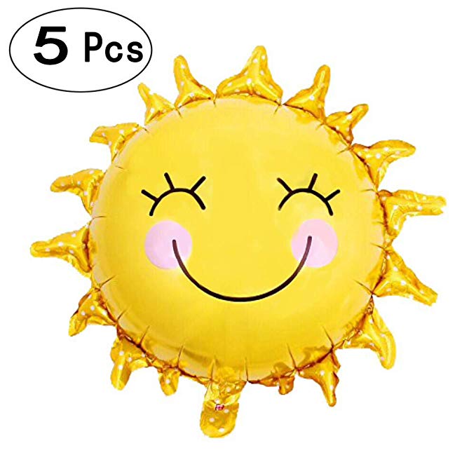 28 Inch Shiny Gold Sun Smiley Face Foil Mylar Balloons Sunshine Helium Balloons Sunny Wedding Favors Summer Theme Party Decorations, 5 PC