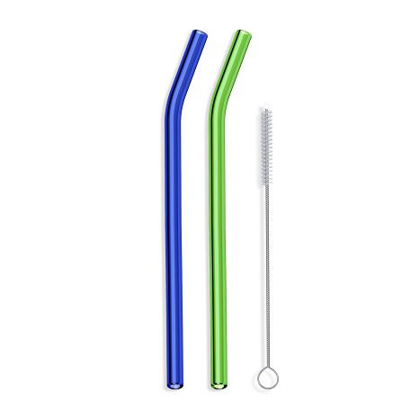 Hummingbird Glass Straws Blue and Green Bent Combo 9 in x 9.5 mm 2 Pack With Cleaning Brush