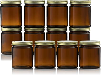 Amber Glass Jars 8 Ounce for Candle Making (12 Pack) Straight Side For DIY Projects, Herbs, Homemade Cosmetics, Decorating, Storing, Overnight Oats, Meal Prep, Wedding Favors, Great For Daily Vitamins