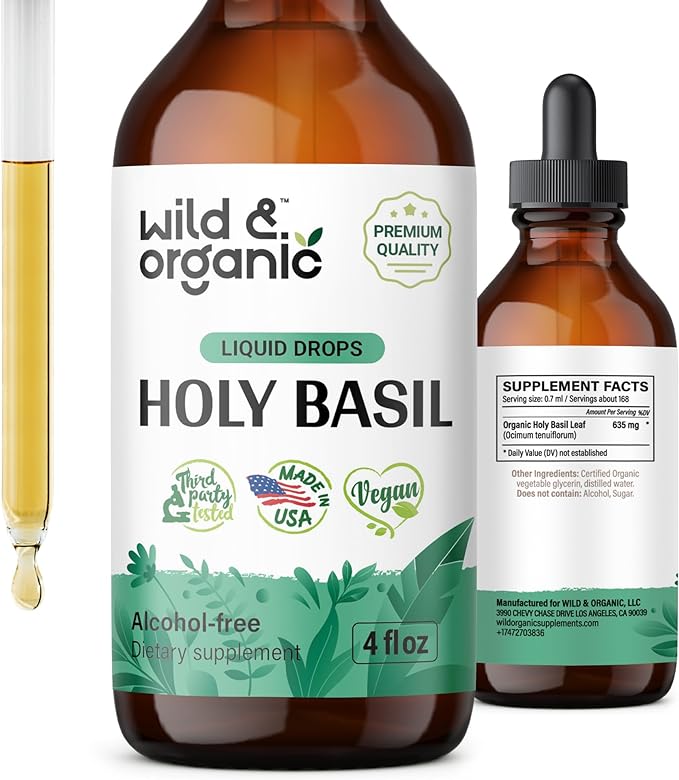 Holy Basil Tincture - Organic Holy Basil Leaf Liquid Extract - Vegan, Alcohol Free Drops Supplement - 4 fl oz