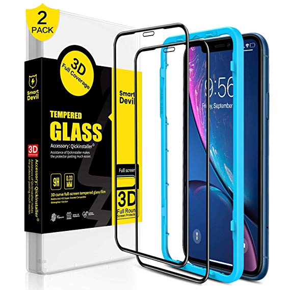 SMARTDEVIL Screen Protector for iPhone XR [2 Pack] [Easy Installation Frame] [3D Curved Edge Full Screen Protection], Premium Tempered Glass Screen Protector for iPhone XR