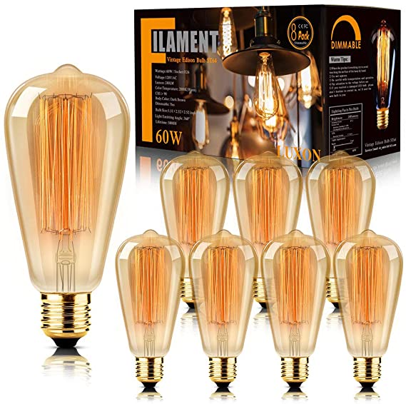 8-Pack Edison Bulb Antique Vintage Style Light Bulbs Dimmable Amber Warm 60W E26 Base for Wall Sconce Chandelier Retro Fixture by LUXON