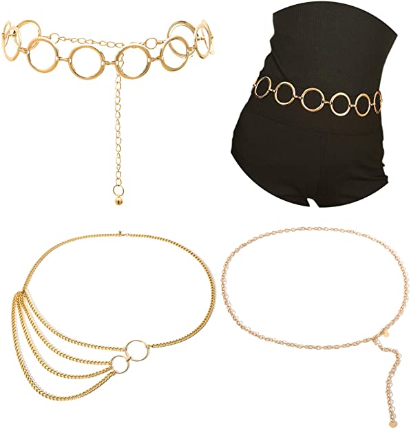 AnVei-Nao Gold Waist Chain Belt for Women Metal Hoop Link Waistbands Charm Belly Body Chain Bikini Dress Jewelry 3 Pack