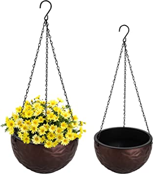 Foraineam 2 Sizes Dual-pots Design Hanging Planters, Self-Watering Garden Plant Pots Indoor Outdoor Flower Hanging Baskets with Drainer and Hanging Chain, Coffee Brown