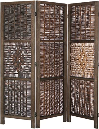 Legacy Decor 3 Panel Room Screen Divider Antique Brown Wicker and Wood Diamond Design