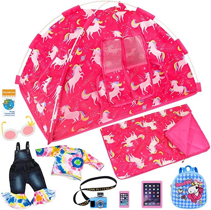Ecore Fun 9 Items American 18 inch Girl Unicorn Dolls Camping Tent Set and Accessories Including 18 Inch Doll Tent, Doll Sleeping Bag, Doll Backpack, Toy Camera, Glasses and Toy Phone etc