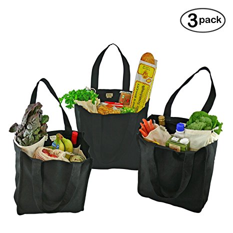 Simple Ecology Organic Cotton Deluxe Reusable Grocery Bag with Bottle Sleeves - Black (3 Pack)