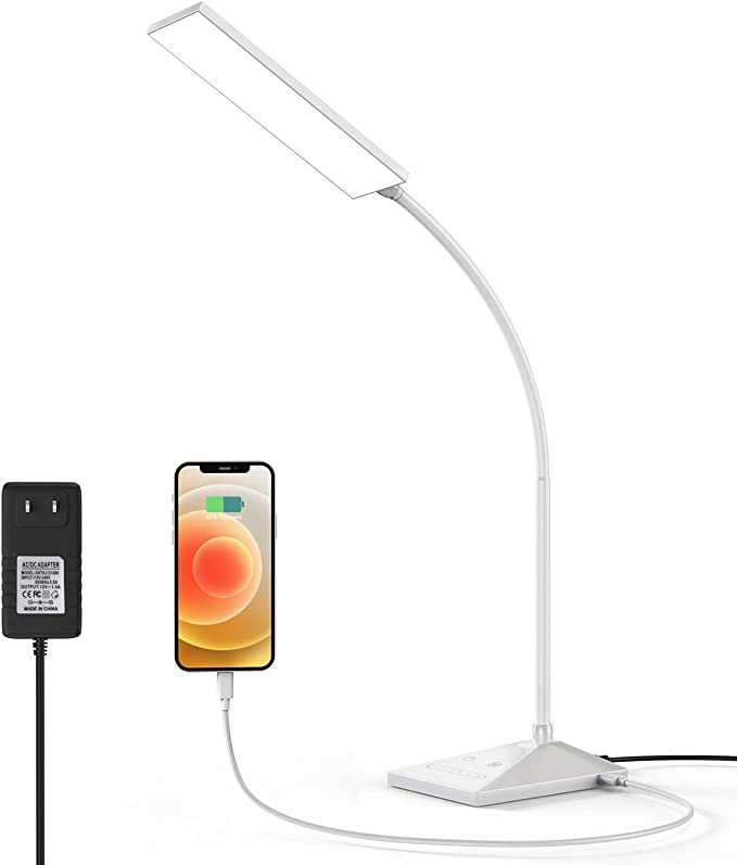 MONGERY LED Desk Lamp, Eye-Caring Table Lamps with USB Charging Port,7 Brightness Levels & 5 Color Modes,Touch Control and Memory Function,7W Flexible Gooseneck Reading Lamp for Home Office, White